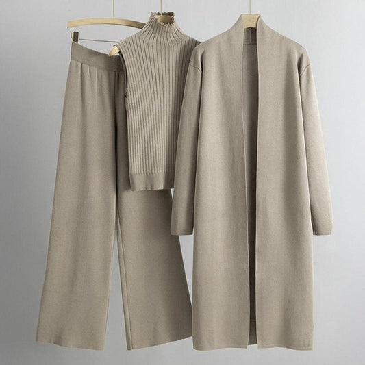 Katchme Women's Elegant Turtle Neck Tank Top and Wide Leg Trousers with Open-Front Long Cardigan Set, Solid Color Three-Piece Ensemble for Fall and Winter