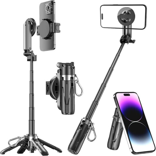 2025 New 4-In-1 Multifunctional Magnetic & Clamping Selfie Stick, 360 Rotating Angle, Mini Size, Foldable Storage, Phone Holder Tripod , Camera Grip, Vlog Live Photography Tool, Rechargable Remote Control, 1 Pcs Selfie LED Light